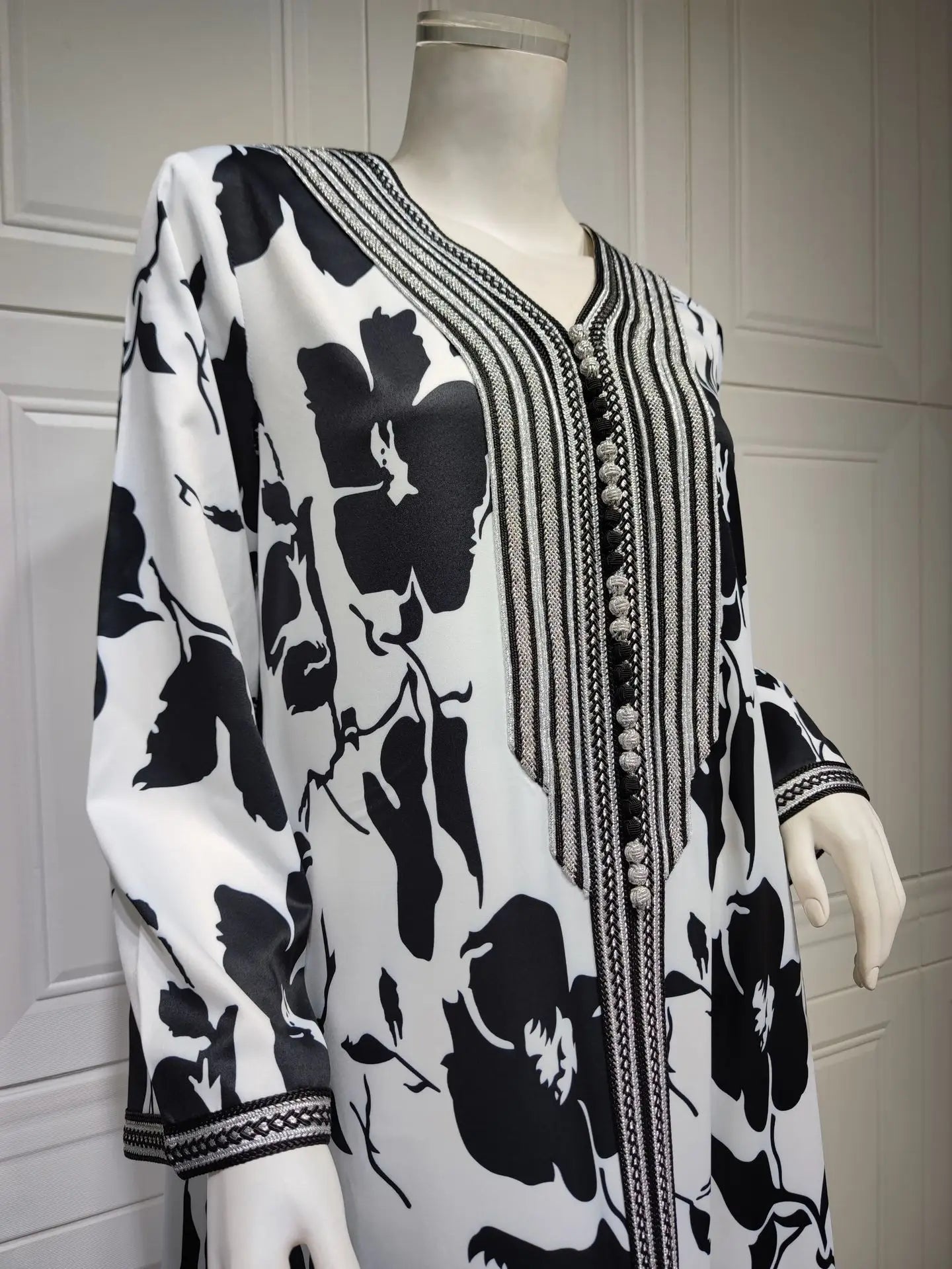 Eid Abaya Print Long Dress Flower V Neck