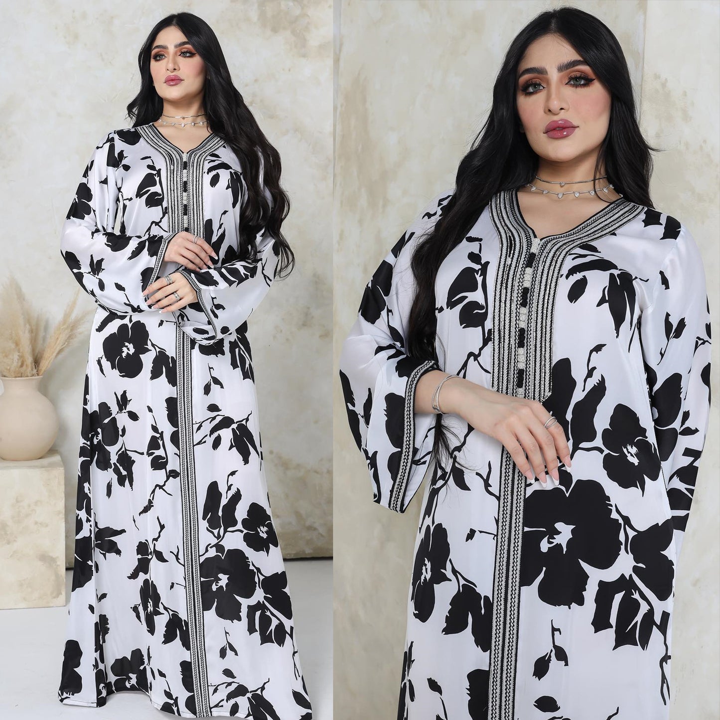 Eid Abaya Print Long Dress Flower V Neck