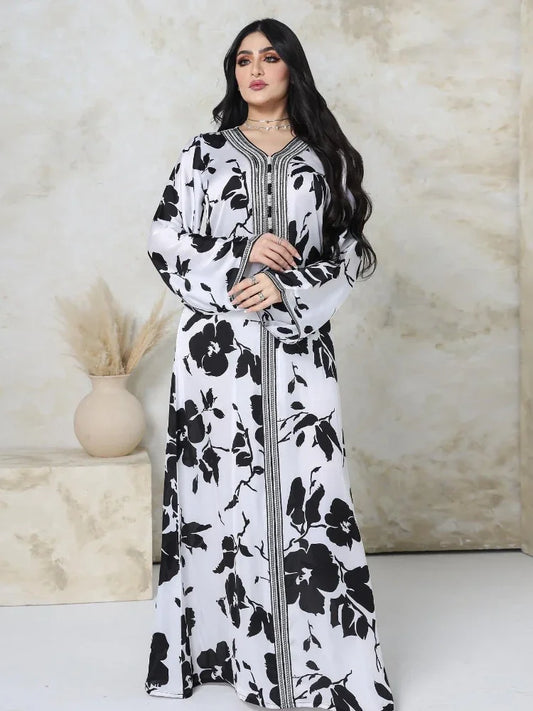 Eid Abaya Print Long Dress Flower V Neck