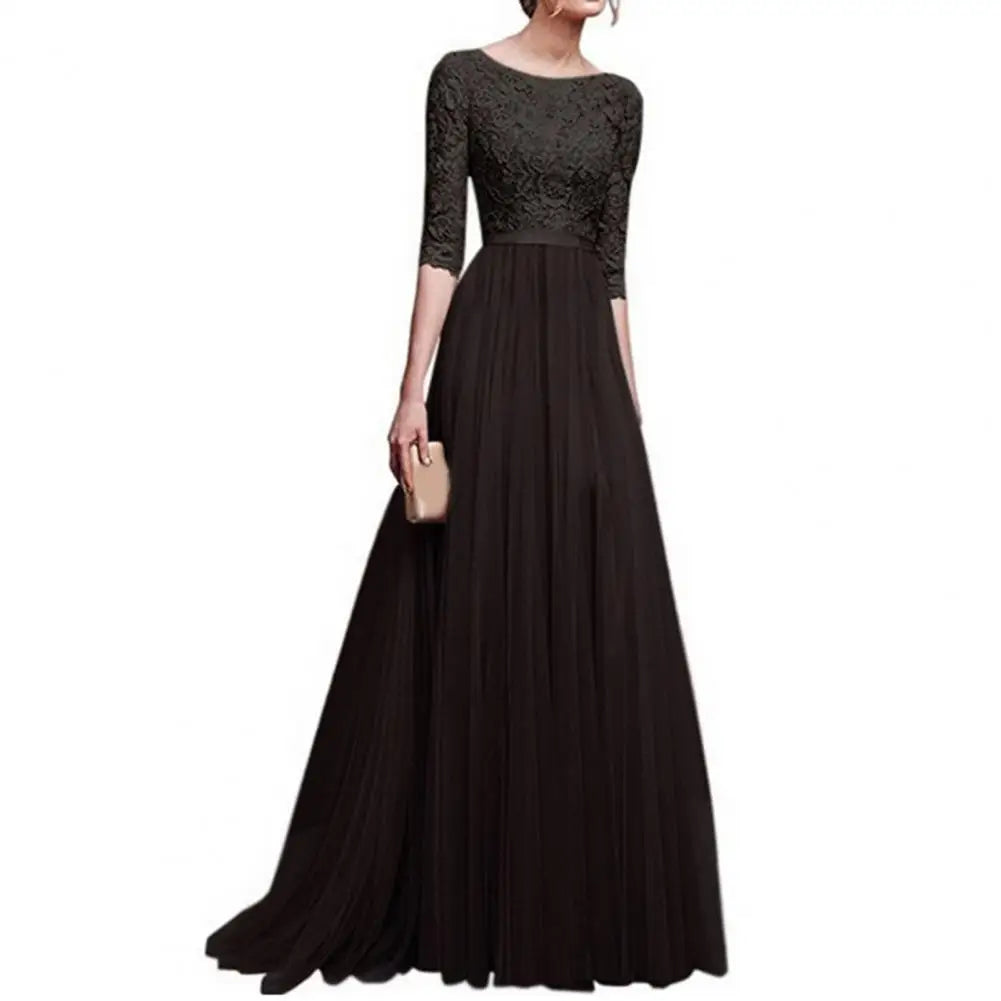 Women Maxi Dress Elegant Lace Flower Embroidered