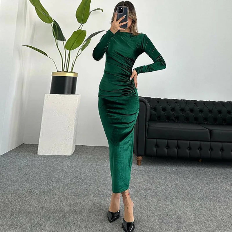 slim fit pleated round neck elegant long sleeved dress