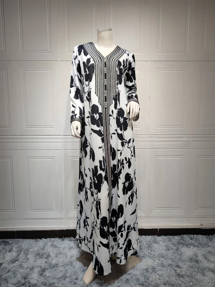 Eid Abaya Print Long Dress Flower V Neck