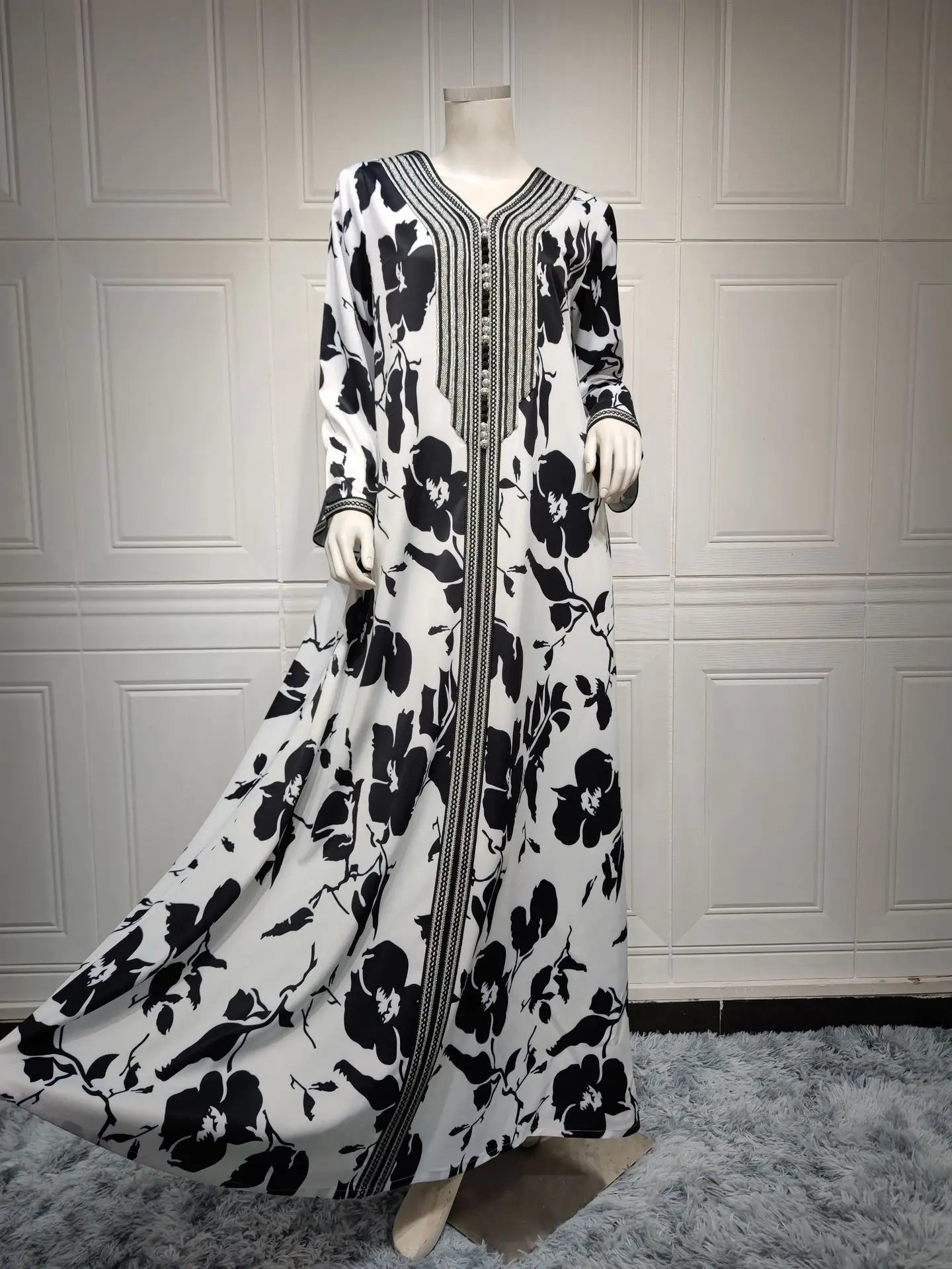 Eid Abaya Print Long Dress Flower V Neck