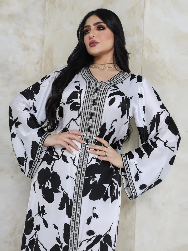 Eid Abaya Print Long Dress Flower V Neck