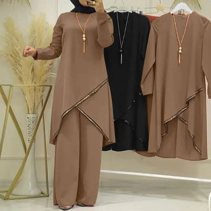 Women Eid Sets Solid Blouses,wide Leg Pants