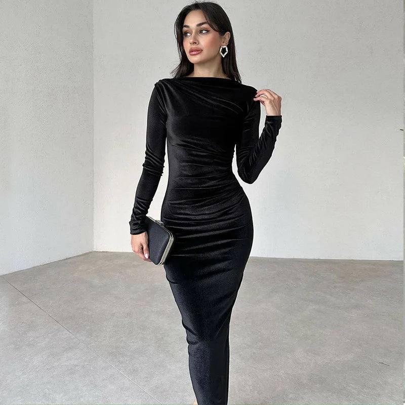 slim fit pleated round neck elegant long sleeved dress