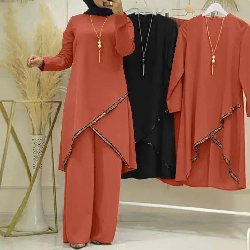 Women Eid Sets Solid Blouses,wide Leg Pants