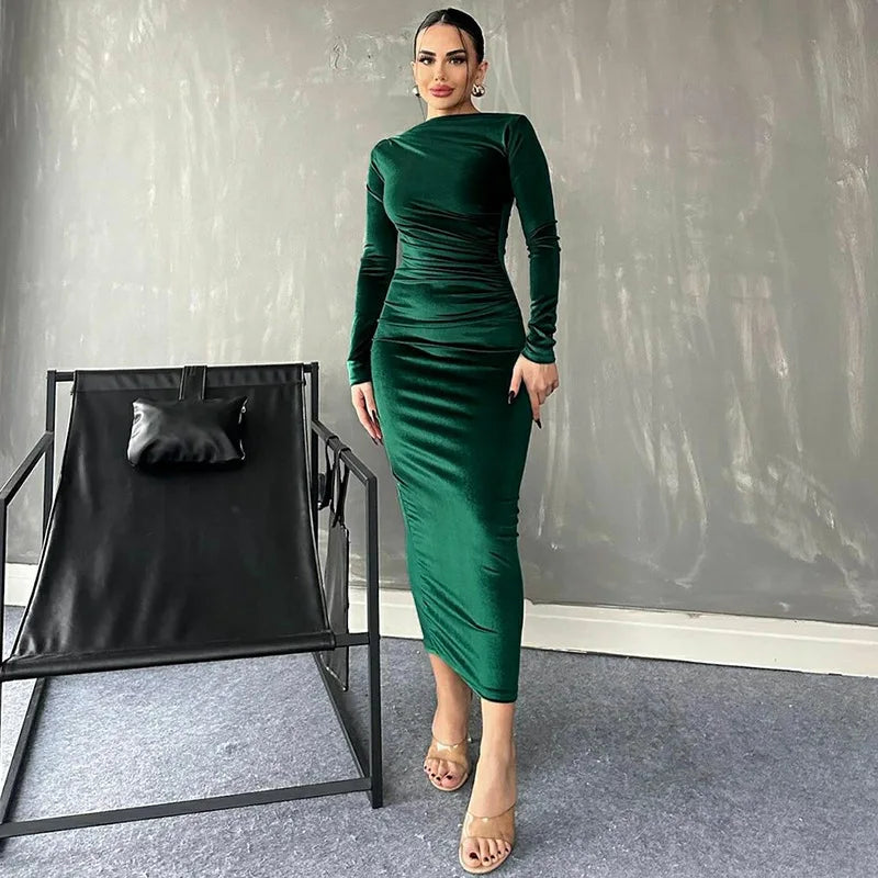 slim fit pleated round neck elegant long sleeved dress