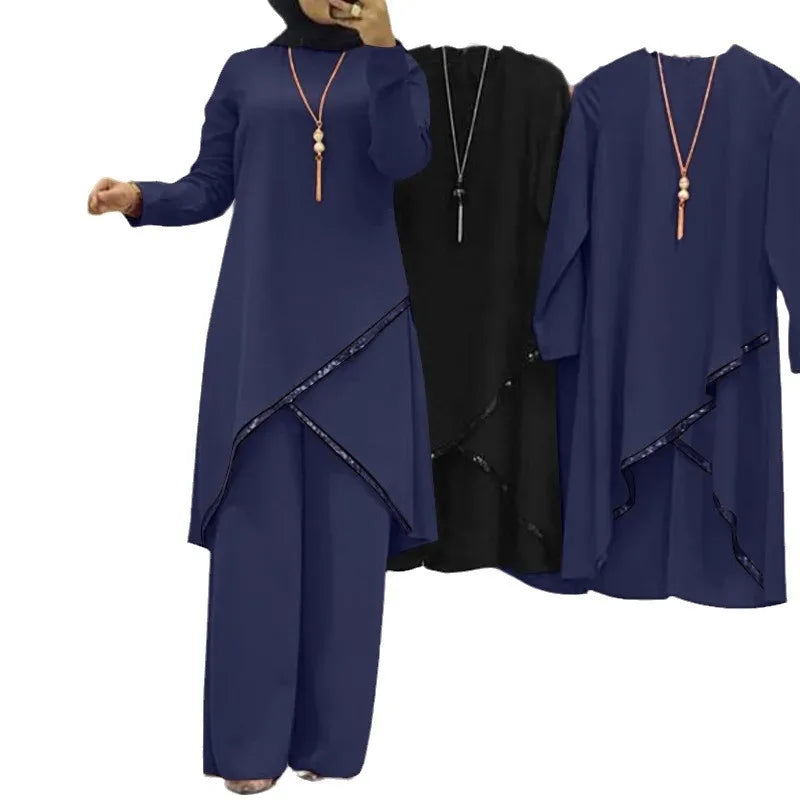 Women Eid Sets Solid Blouses,wide Leg Pants