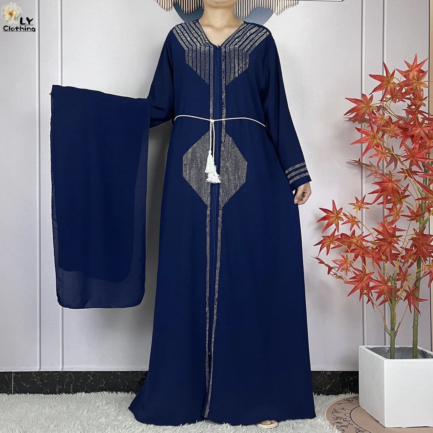 Long Sleeved Chiffon Diamond Abaya