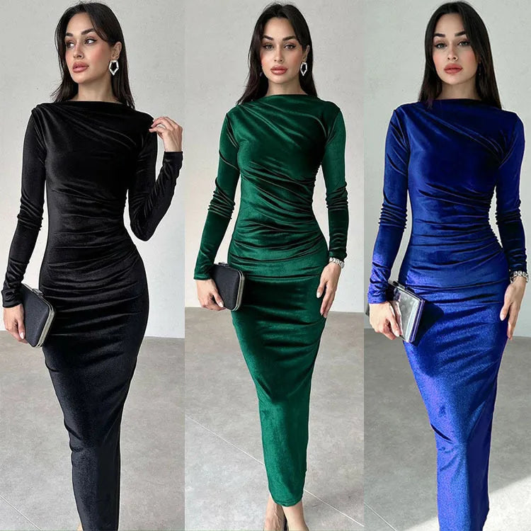 slim fit pleated round neck elegant long sleeved dress