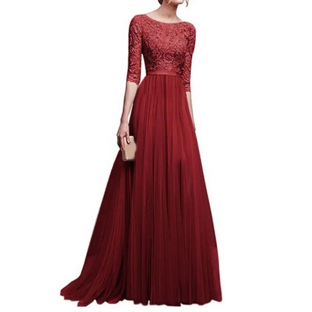 Women Maxi Dress Elegant Lace Flower Embroidered