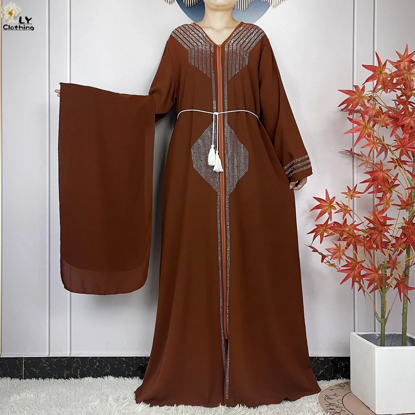 Long Sleeved Chiffon Diamond Abaya