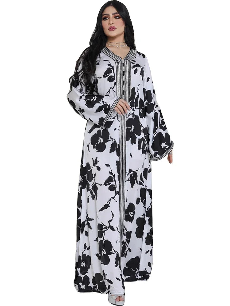 Eid Abaya Print Long Dress Flower V Neck