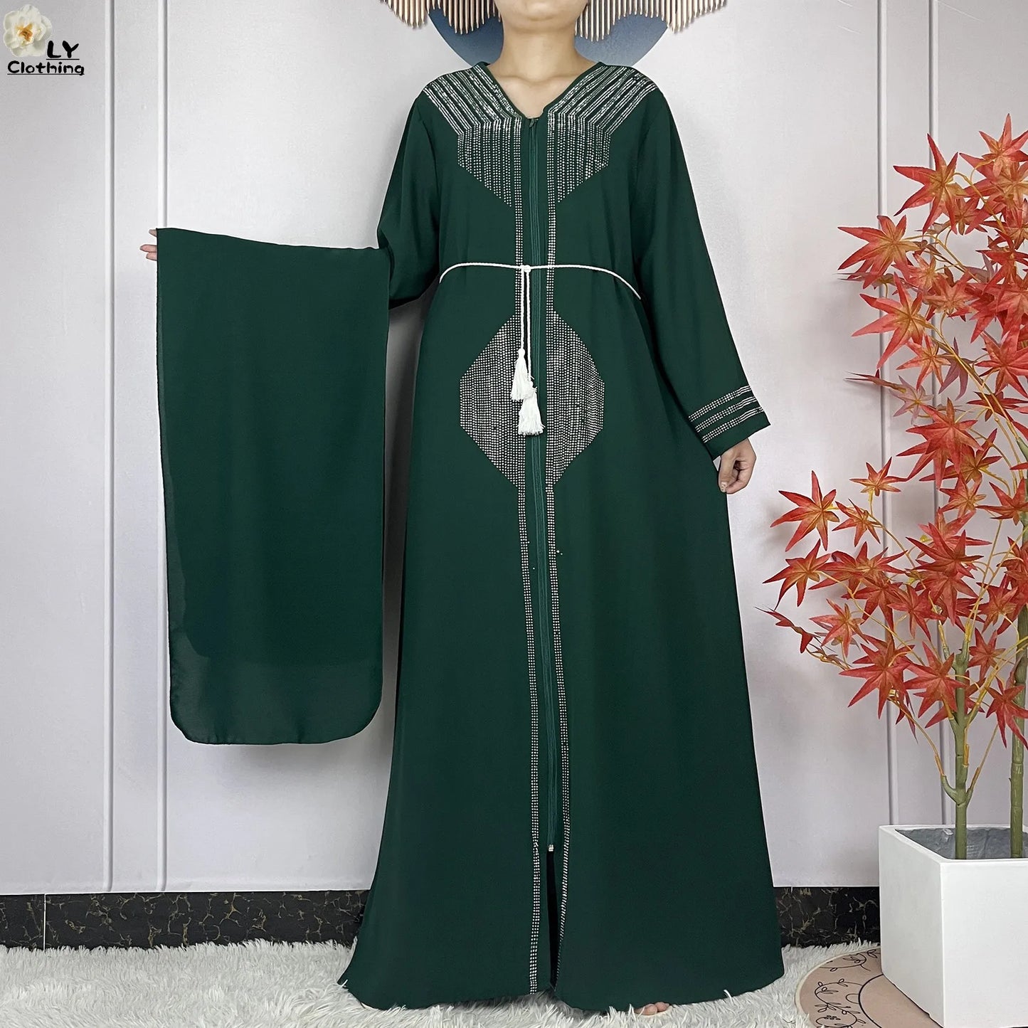 Long Sleeved Chiffon Diamond Abaya