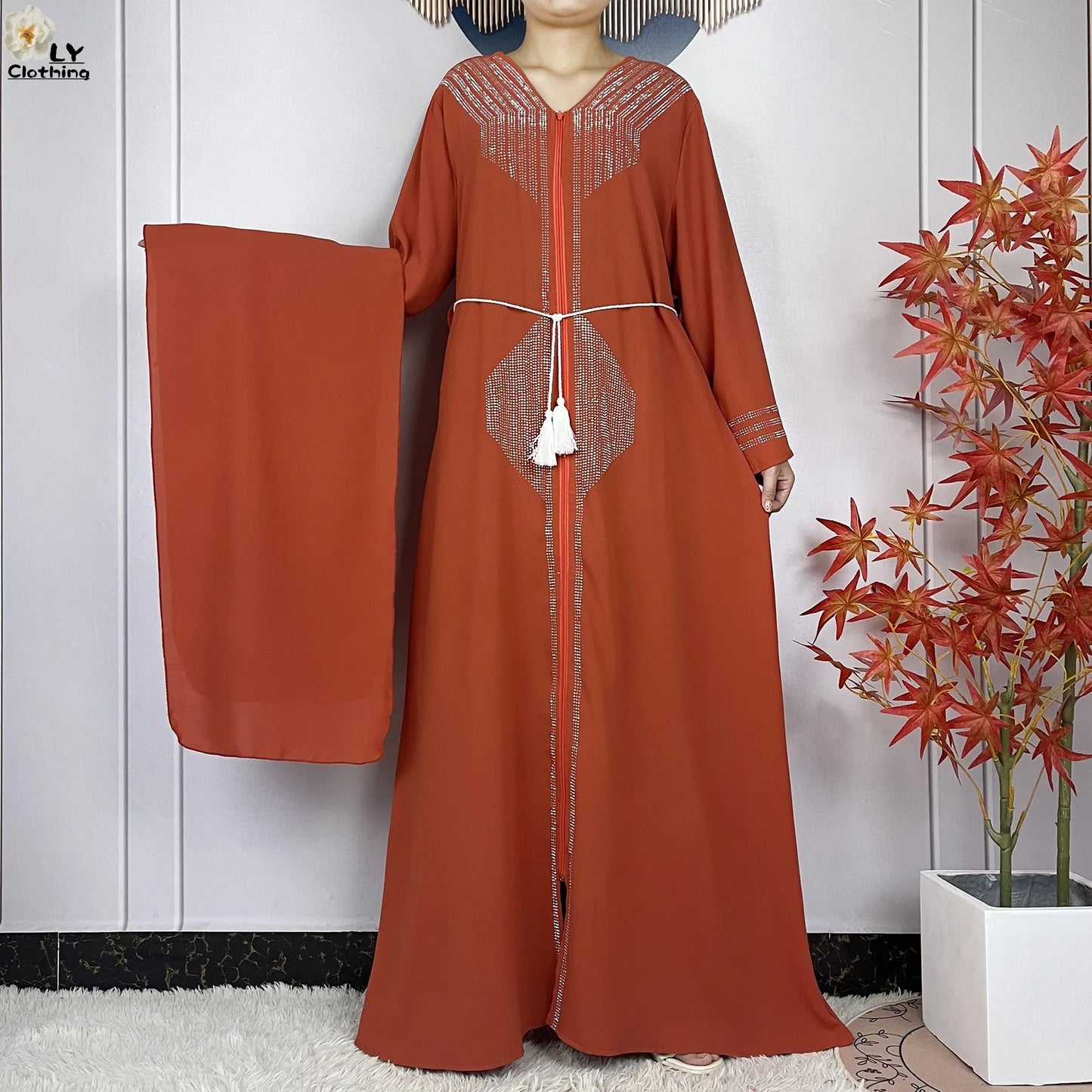 Long Sleeved Chiffon Diamond Abaya