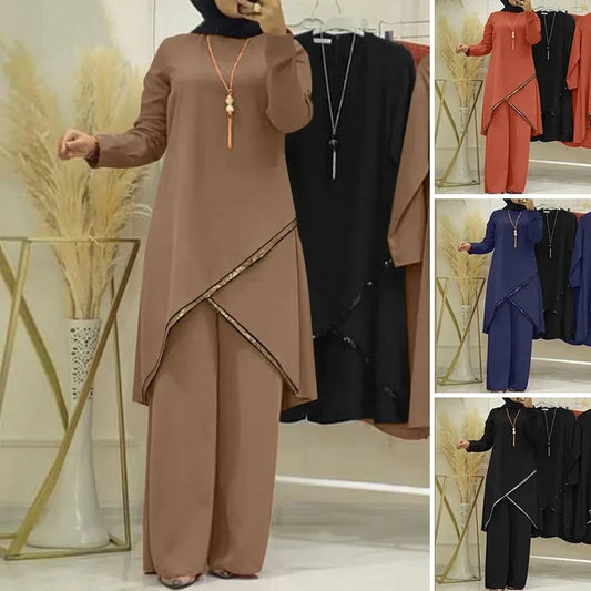 Women Eid Sets Solid Blouses,wide Leg Pants