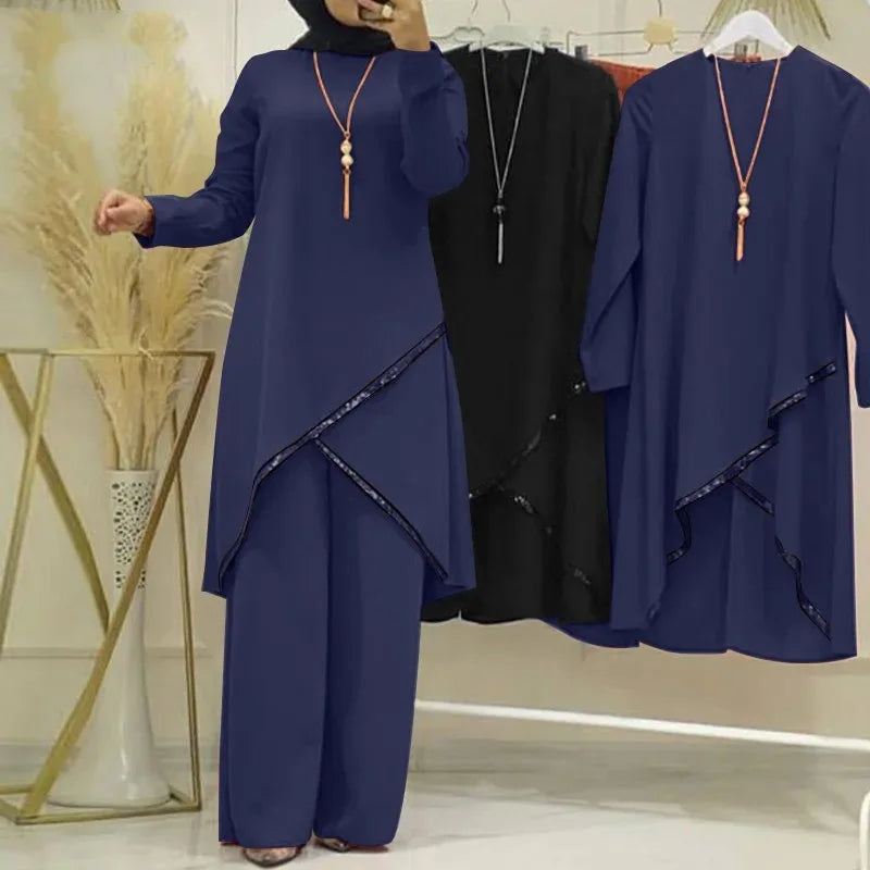 Women Eid Sets Solid Blouses,wide Leg Pants