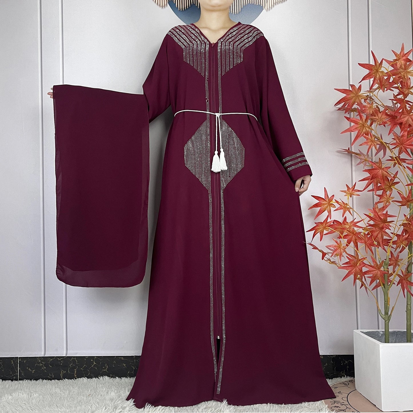 Long Sleeved Chiffon Diamond Abaya