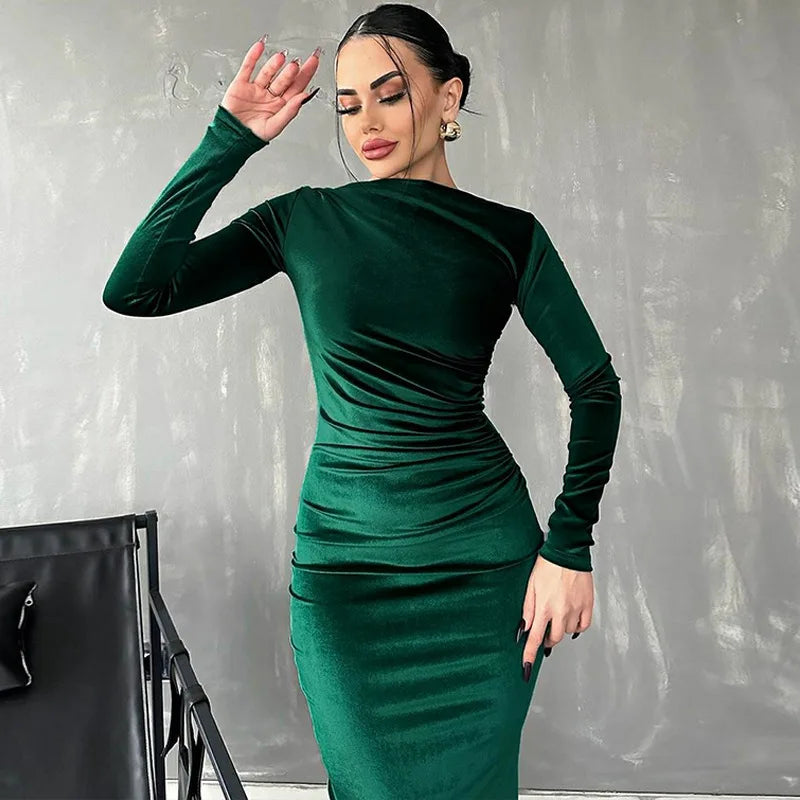 slim fit pleated round neck elegant long sleeved dress