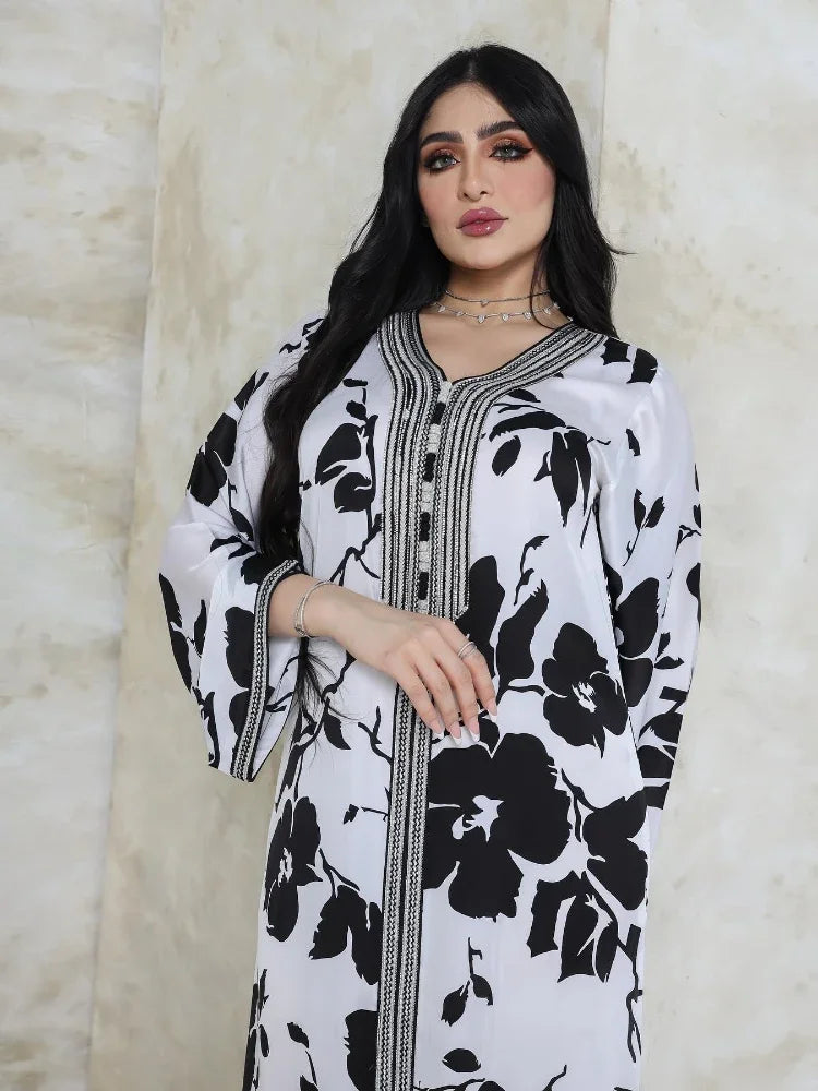 Eid Abaya Print Long Dress Flower V Neck