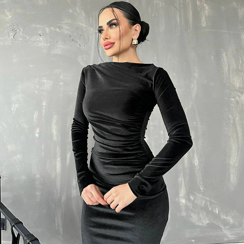 slim fit pleated round neck elegant long sleeved dress