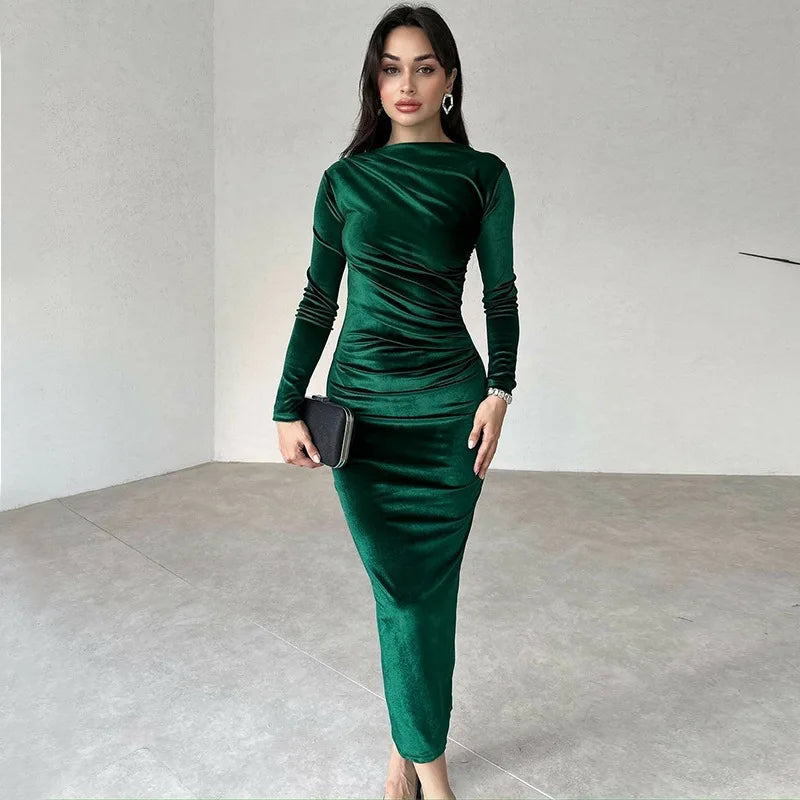 slim fit pleated round neck elegant long sleeved dress