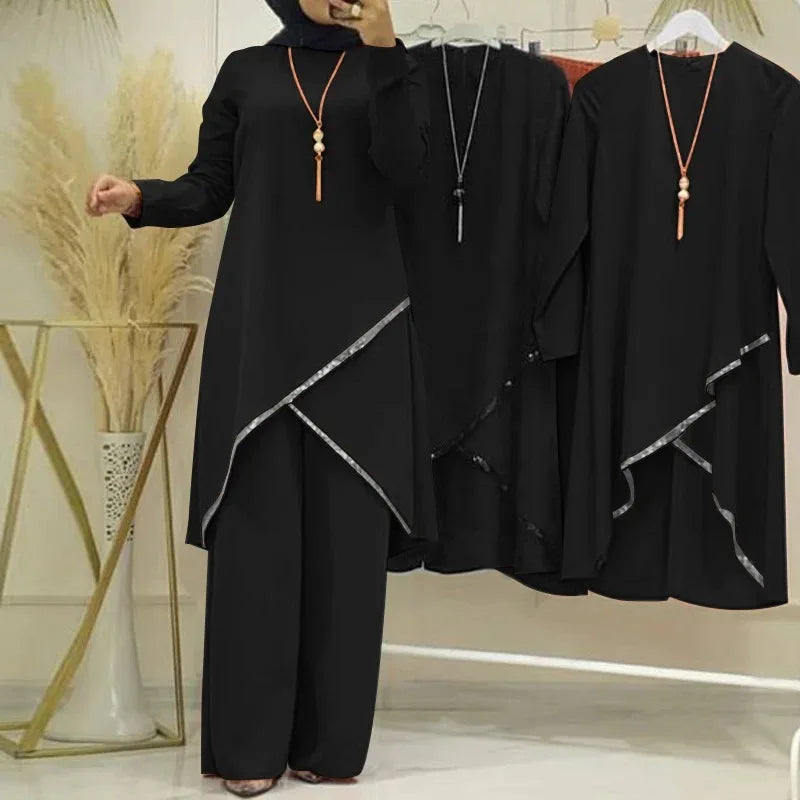 Women Eid Sets Solid Blouses,wide Leg Pants